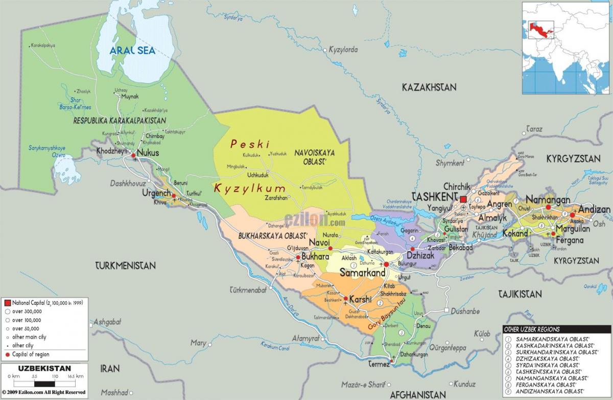 газрын зураг Узбекстаны
